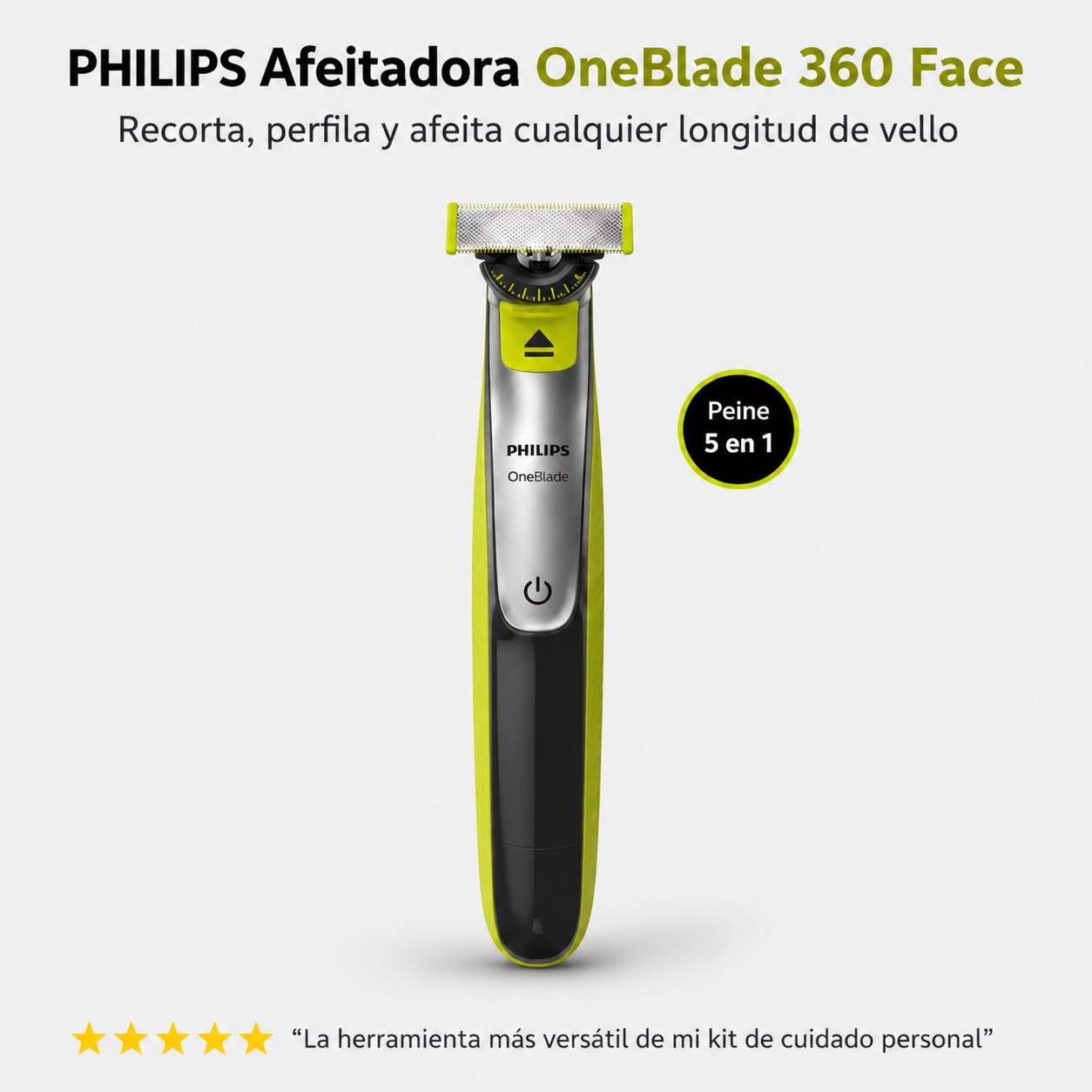 Afeitadora PHILIPS OneBlade 360 Face, recortadora y afeitadora eléctrica híbrida para barba con peine facial 5 en 1 QP2730